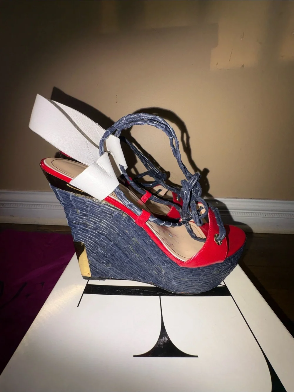 Diane Von Furstenberg Red, White and Black Lace-Up Wedge Sandals